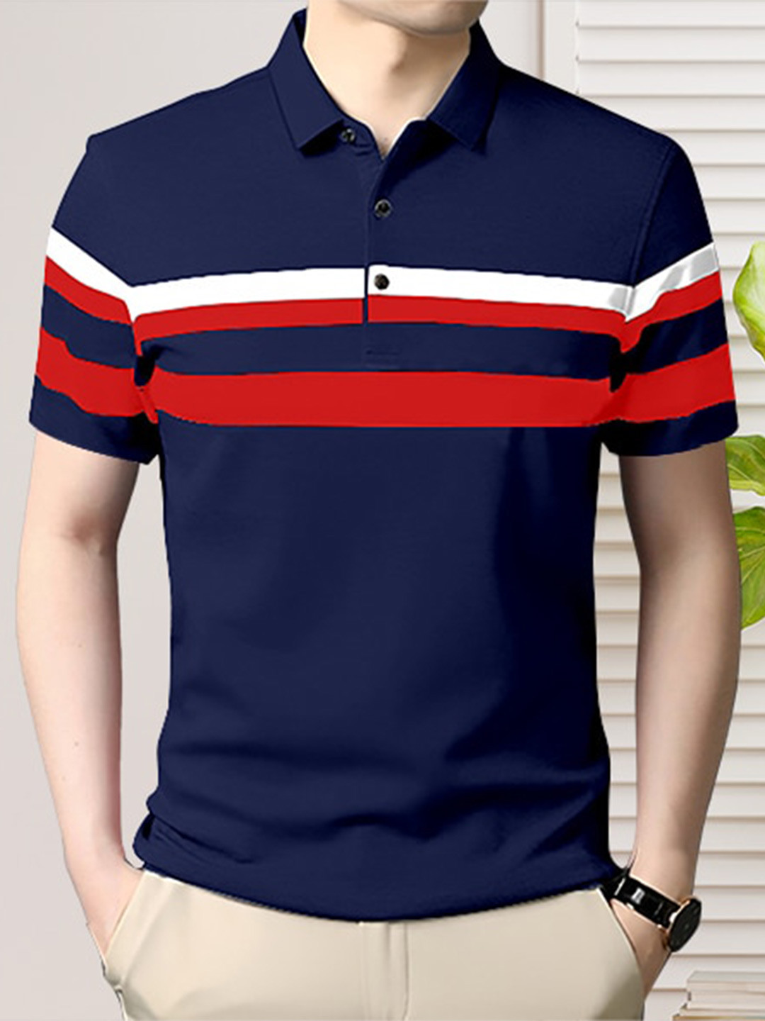 

GESPO Striped Polo Collar Cotton Casual T-Shirt, Navy blue