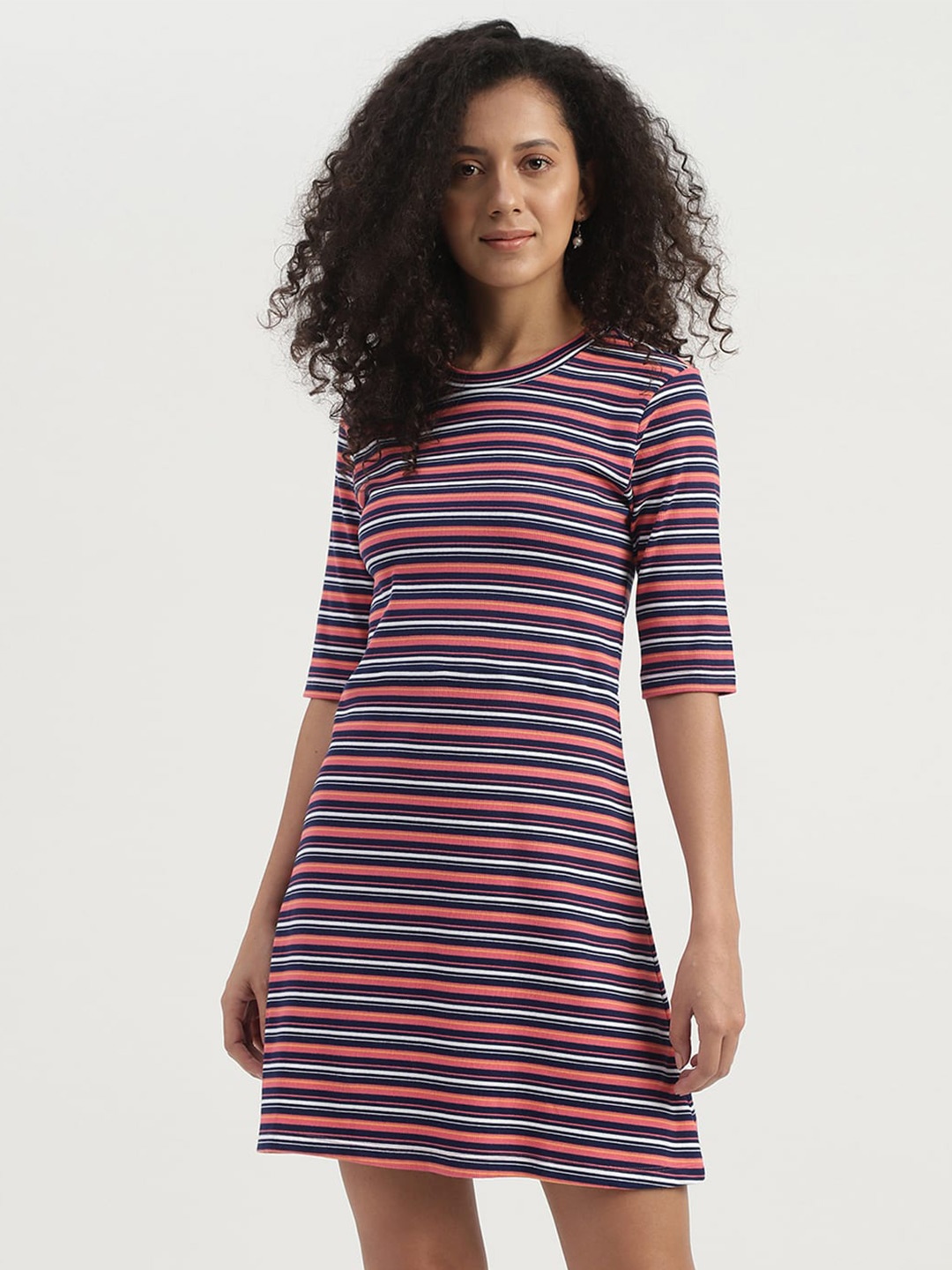 United Colors of Benetton Striped Cotton A-Line Dress, Pink