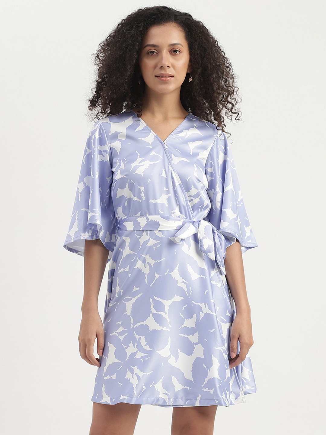 

United Colors of Benetton Floral Printed Flared Sleeves Wrap Mini Dress, Blue