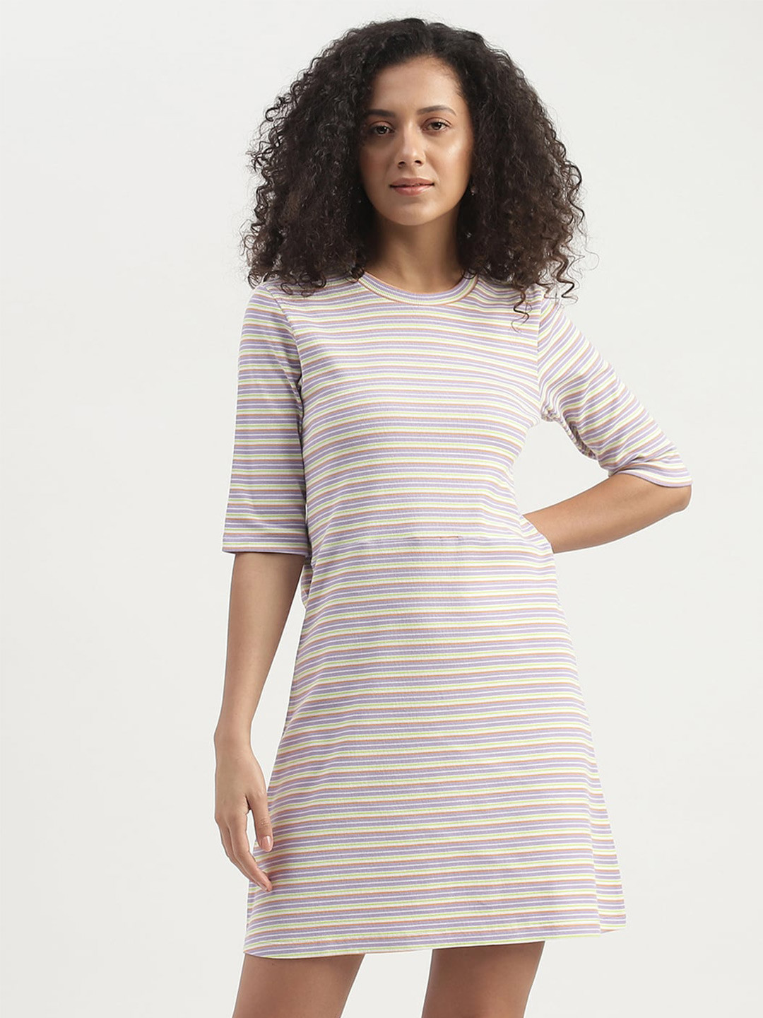 

United Colors of Benetton Striped Cotton A-Line Mini Dress, Grey