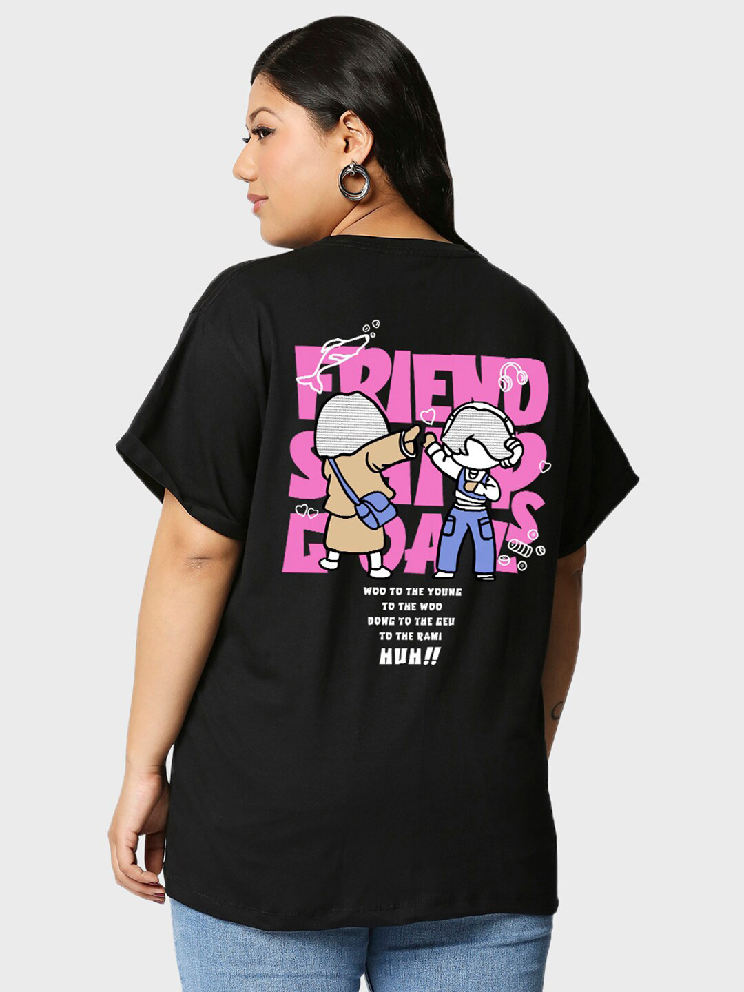 

Bewakoof Women Extraordinary Woo Graphic Printed Plus Size Boyfriend T-shirt, Black