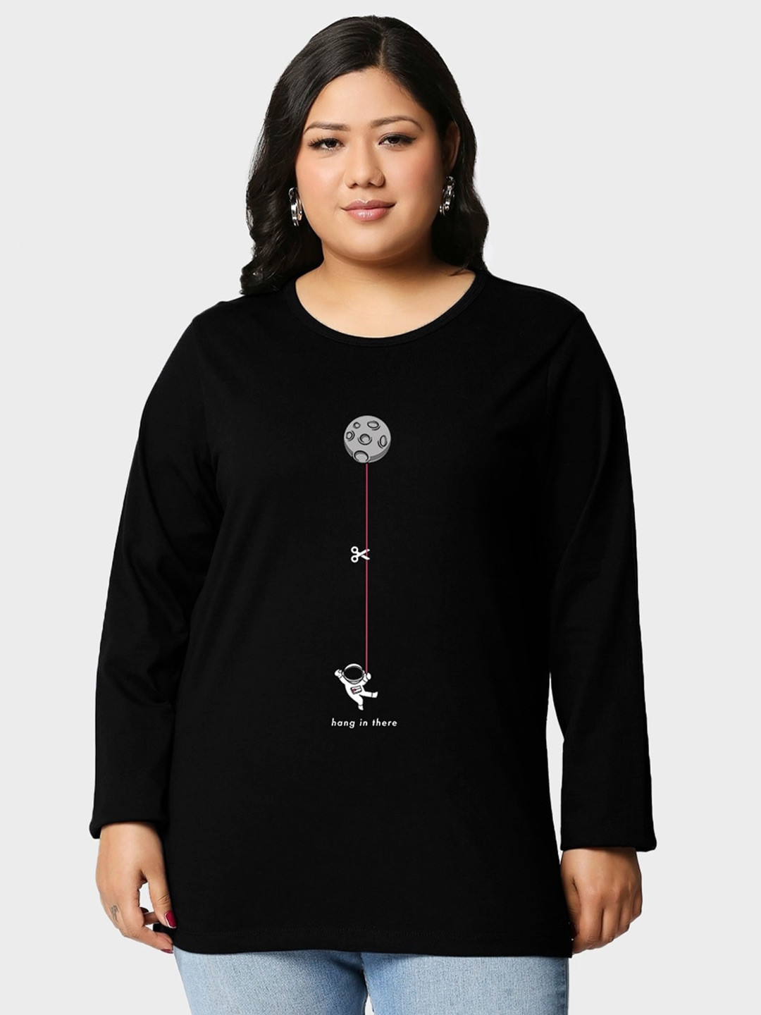 

Bewakoof Hanging Astronaut Graphic Print Plus Size T-shirt, Black
