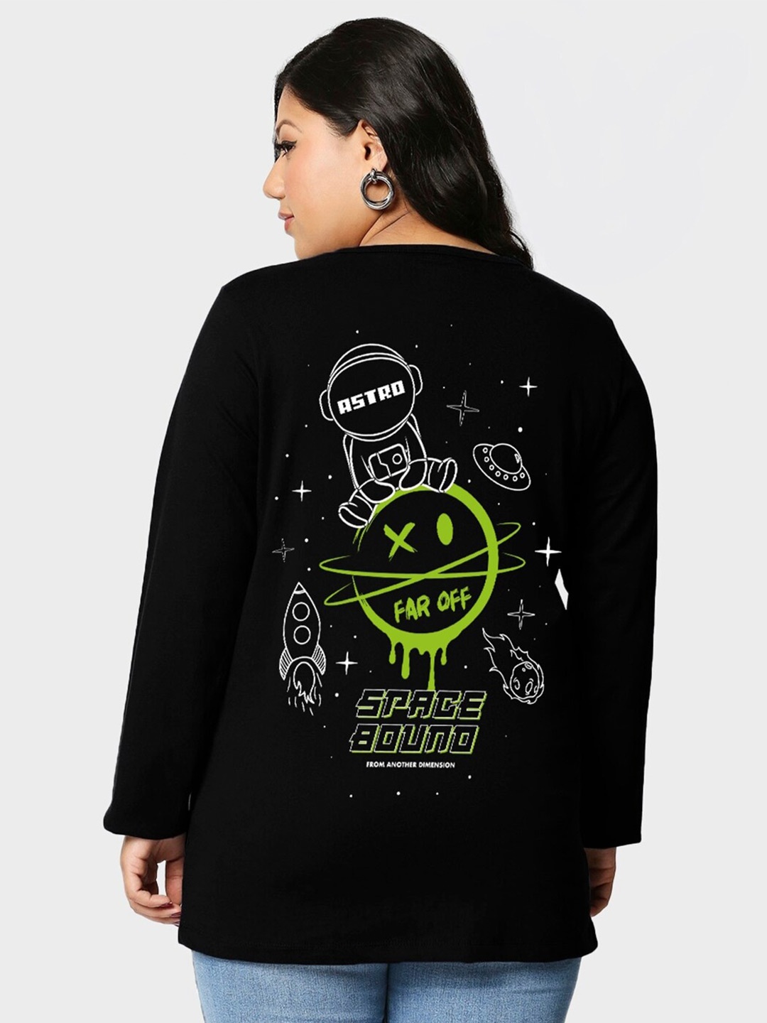 

Bewakoof Women Space Bound Graphic Printed Plus Size T-shirt, Black