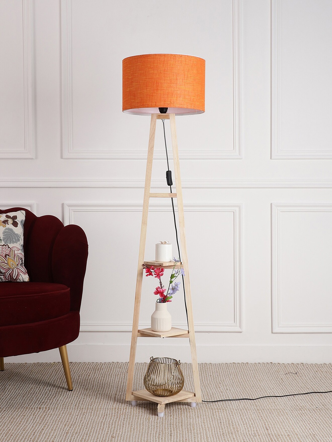 

SANDED EDGE Beige & Orange Coloured Wooden Shelf Floor Lamp