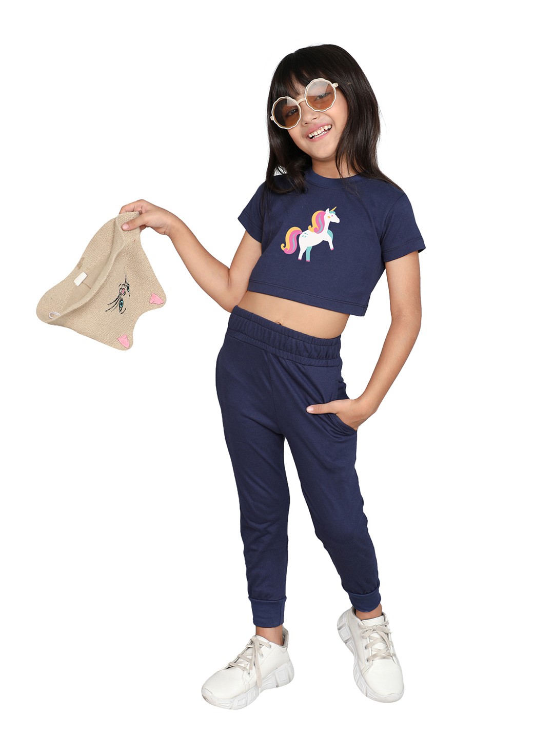 

Little Angels Girls Pure Cotton Crop Top With Joggers, Navy blue