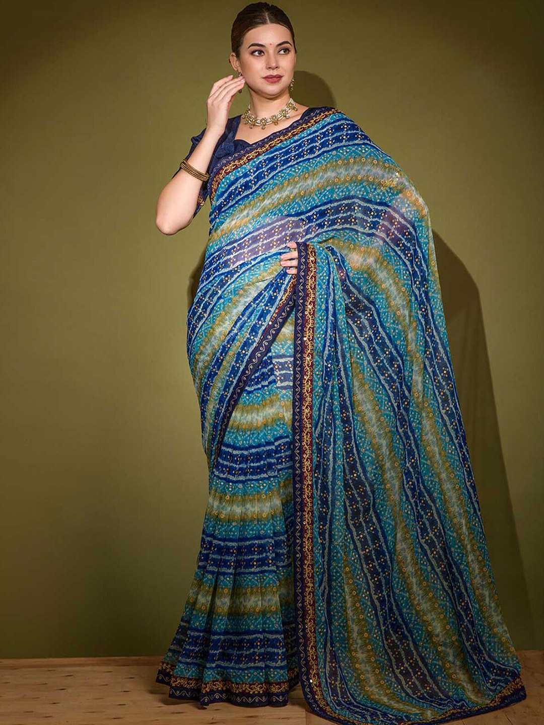 

ODETTE Bandhani Embroidered Saree, Blue