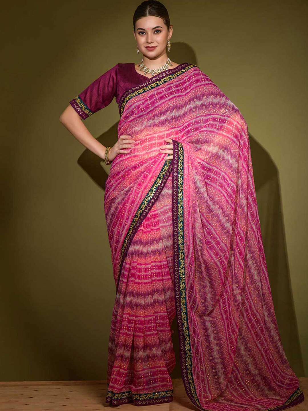 

ODETTE Striped Embroidered Saree, Pink