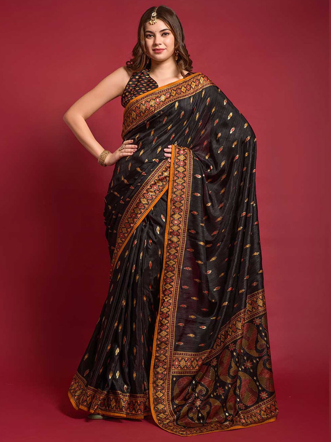 

ODETTE Black & Orange Ethnic Motifs Embroidered Silk Blend Saree