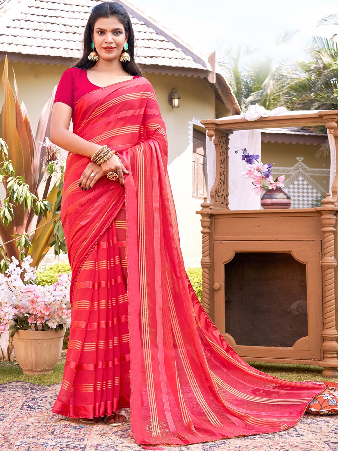 

ODETTE Pink & Yellow Striped Poly Georgette Saree