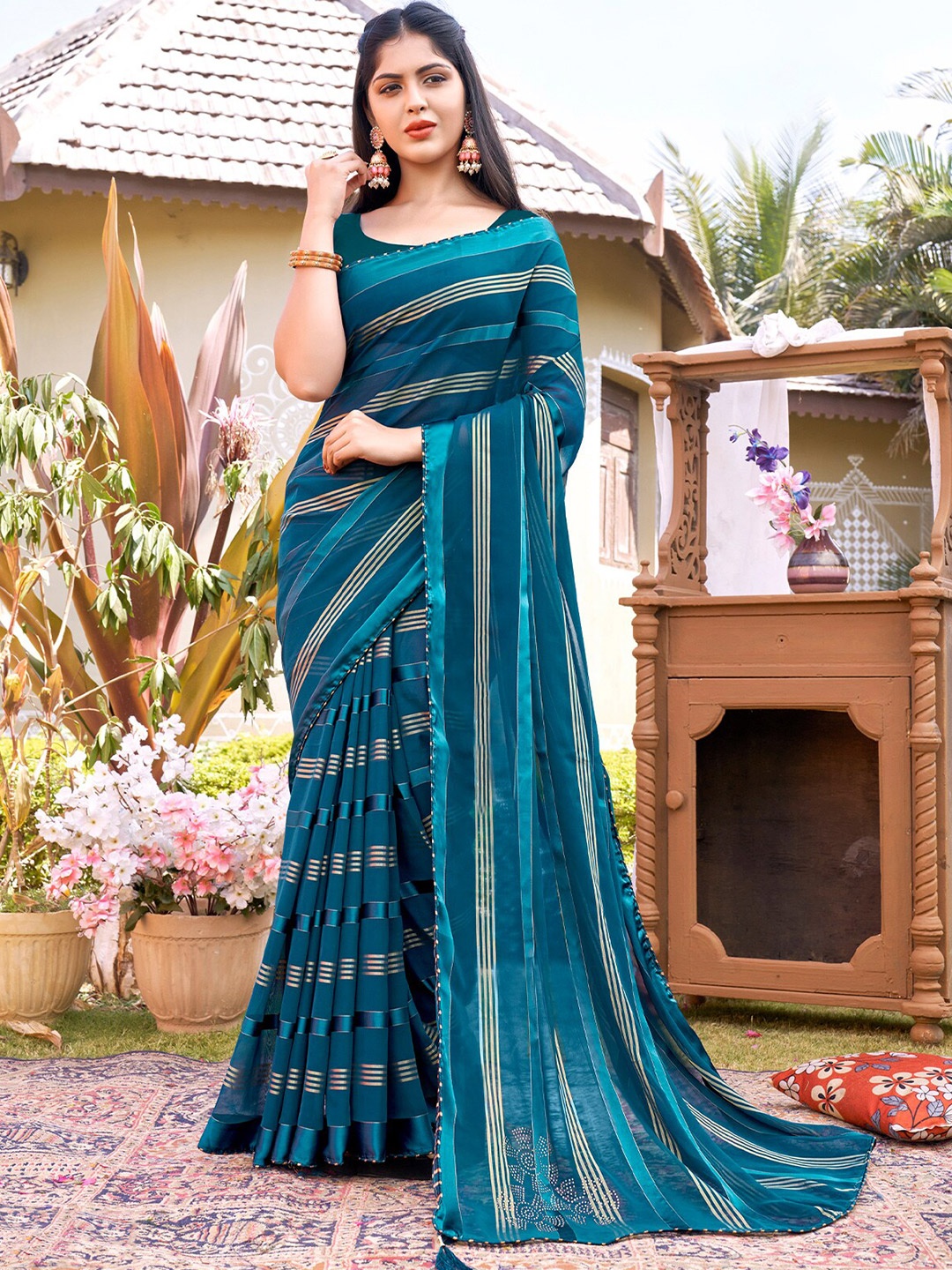 

ODETTE Teal & Yellow Striped Poly Georgette Saree