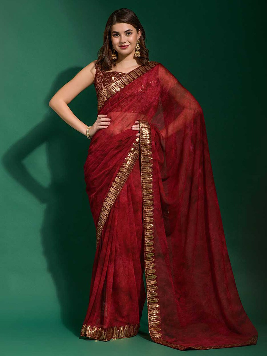 

ODETTE Abstract Printed Embellished Saree, Maroon