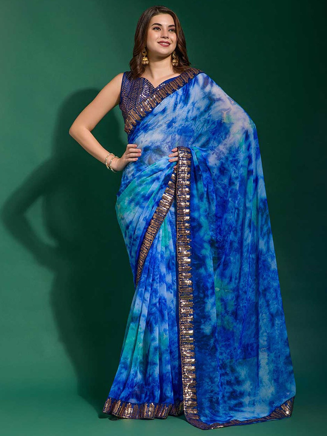 

ODETTE Blue & Gold-Toned Tie and Dye Sequinned Poly Georgette Saree