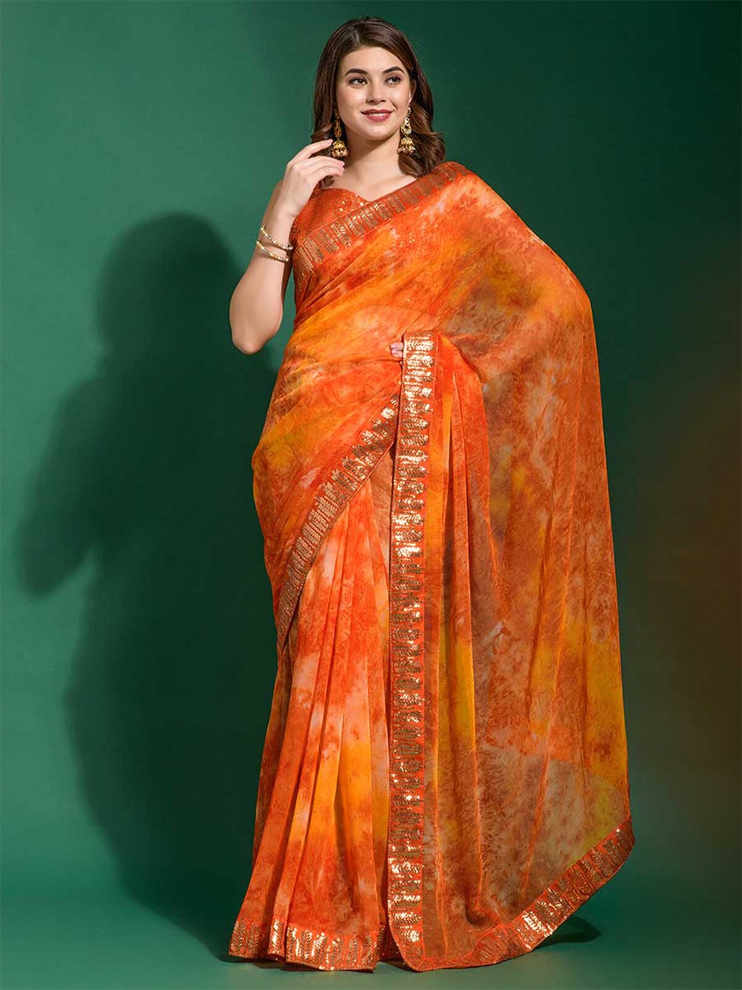 

ODETTE Tie and Dye Sequinned Saree, Orange
