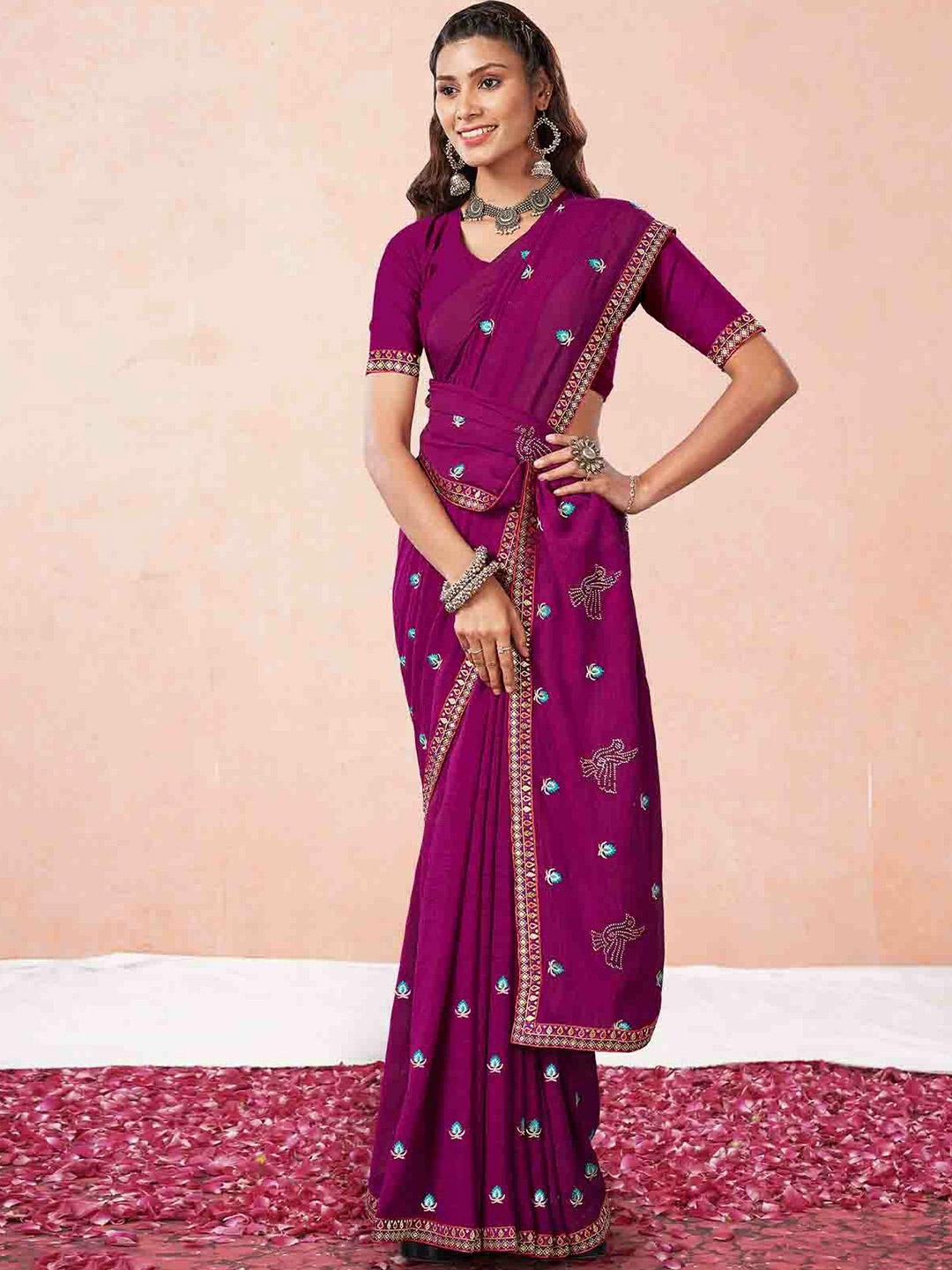 

ODETTE Floral Embroidered Embellished Saree, Purple