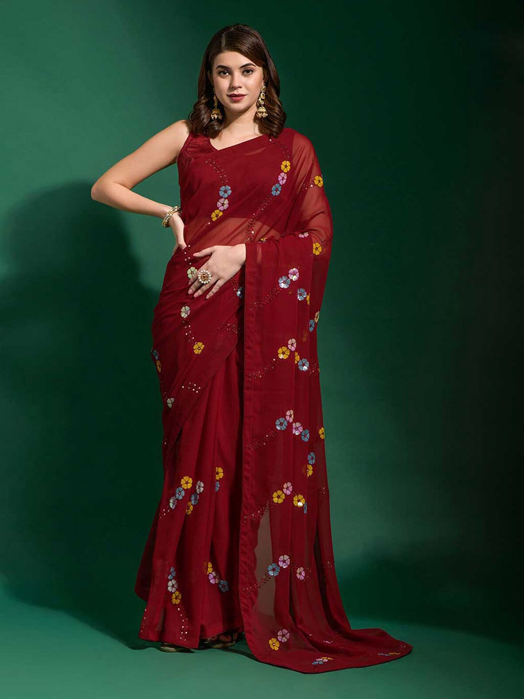 

ODETTE Floral Embroidered Embellished Saree, Maroon