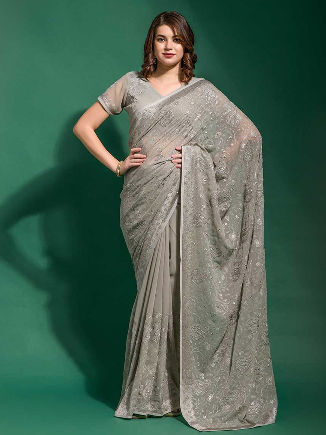 

ODETTE Grey Paisley Embroidered Poly Georgette Saree