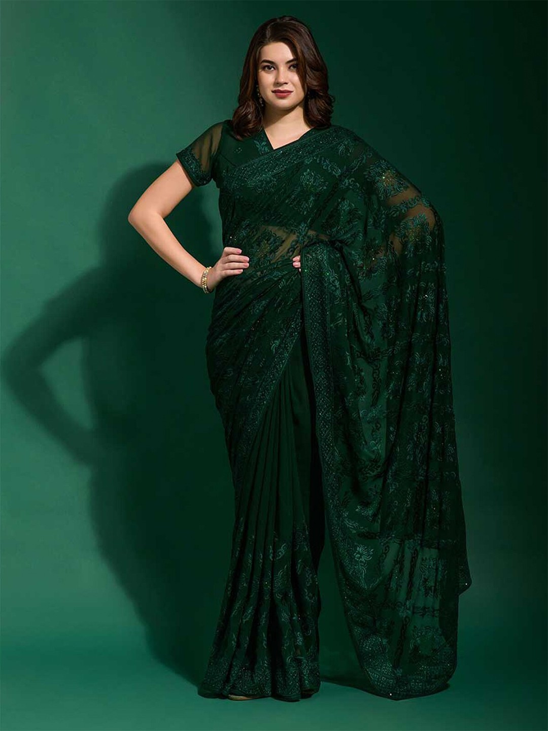 

ODETTE Floral Embroidered Saree, Green