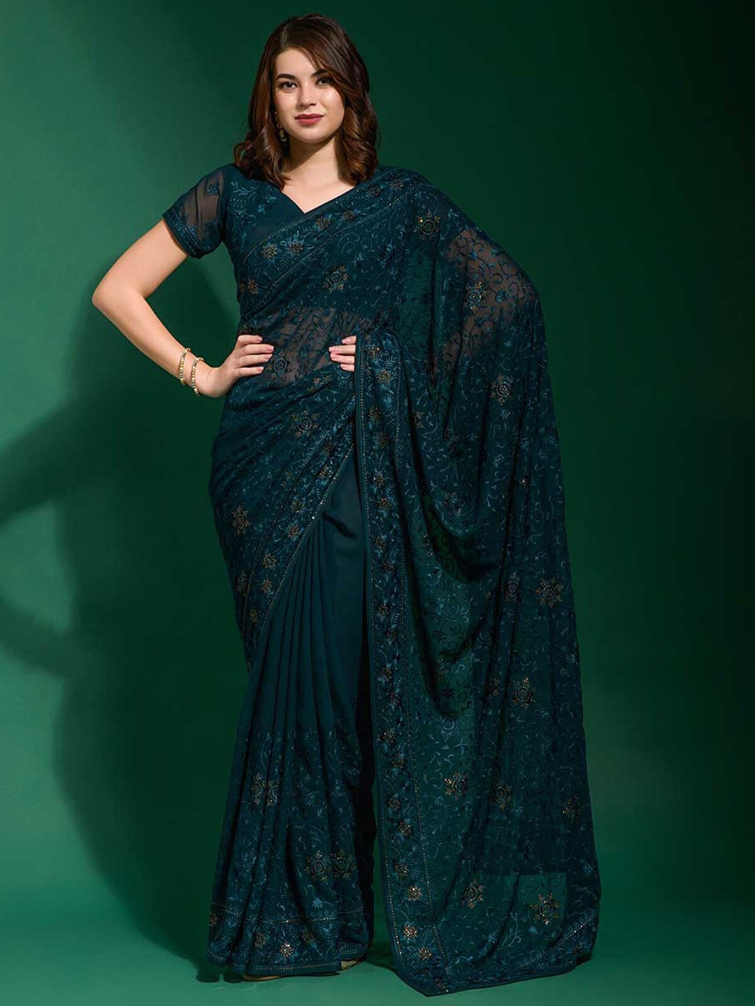 

ODETTE Floral Embroidered Saree, Teal