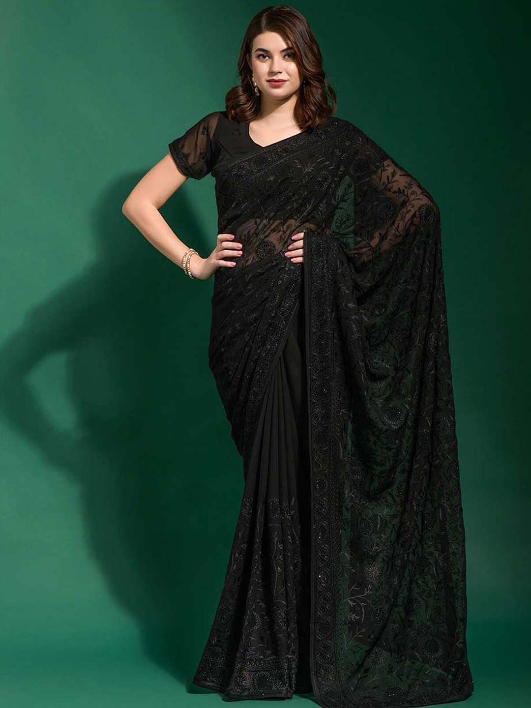 

ODETTE Black Floral Embroidered Poly Georgette Saree