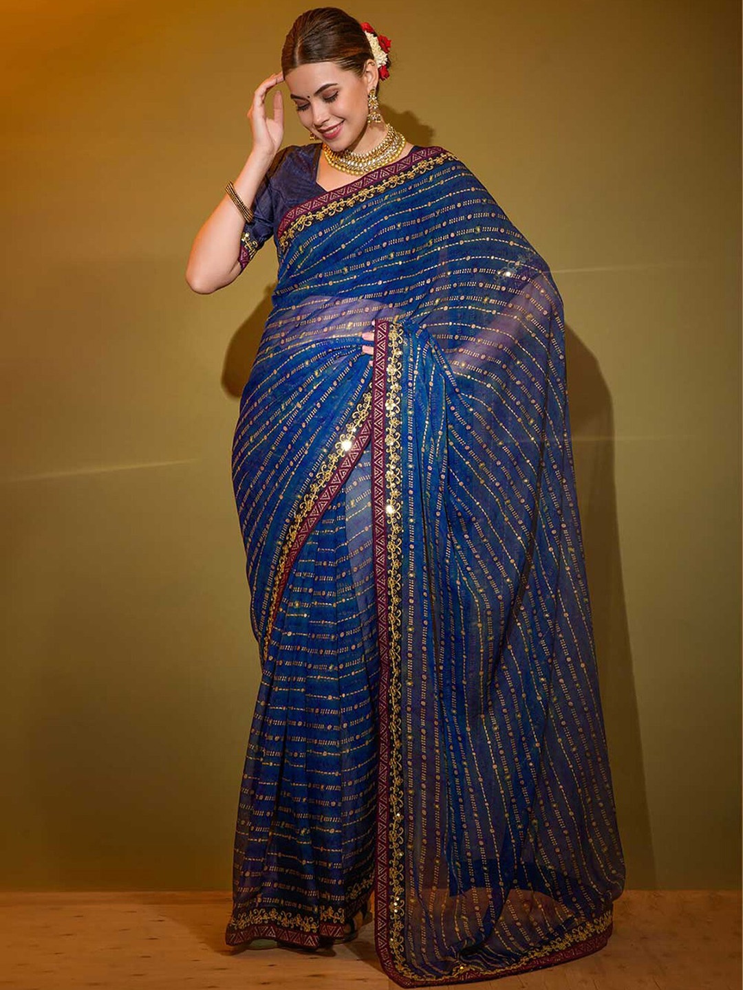 

ODETTE Stripes Printed Embellished Saree, Blue