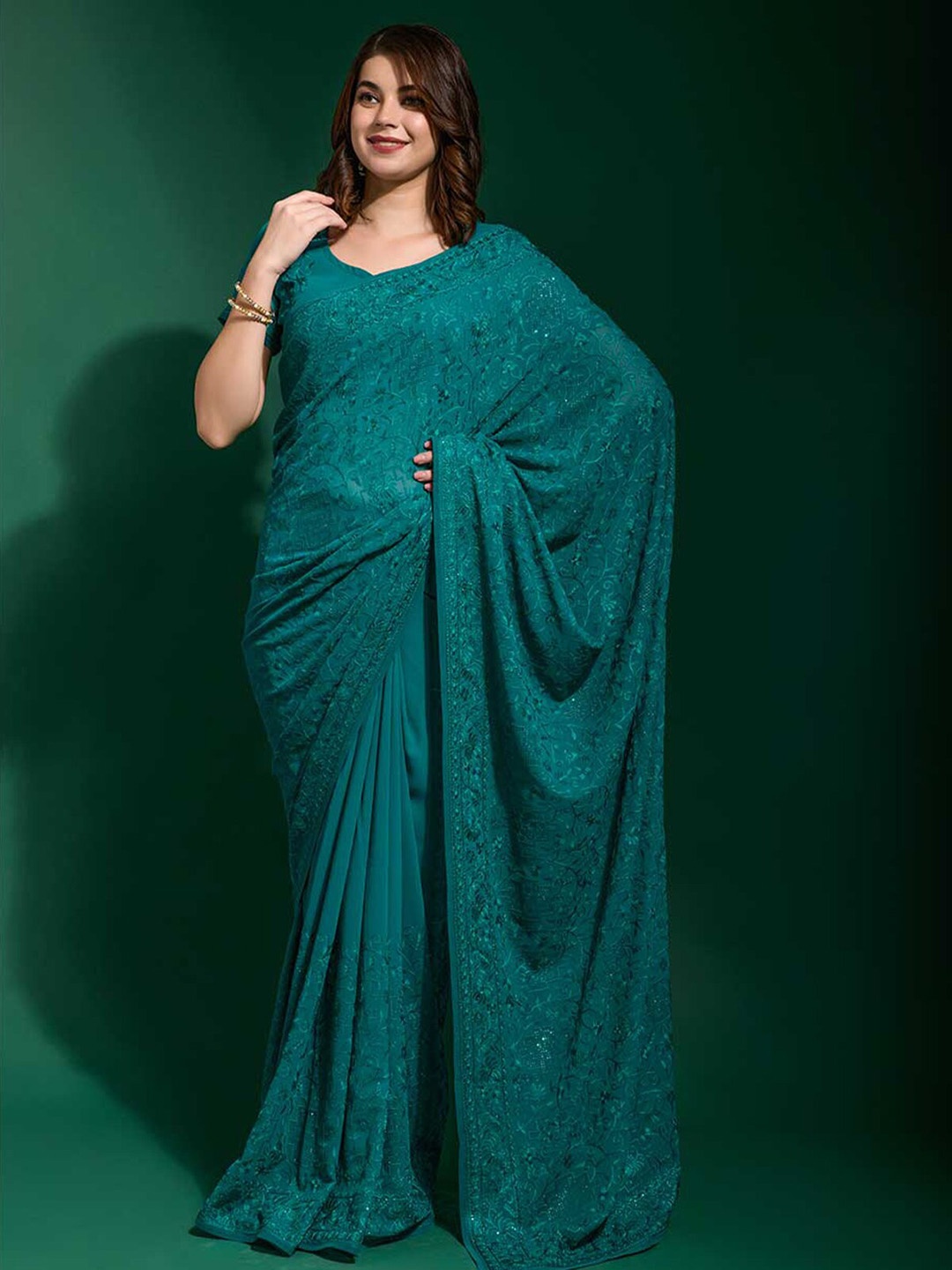 

ODETTE Floral Embroidered Saree, Teal