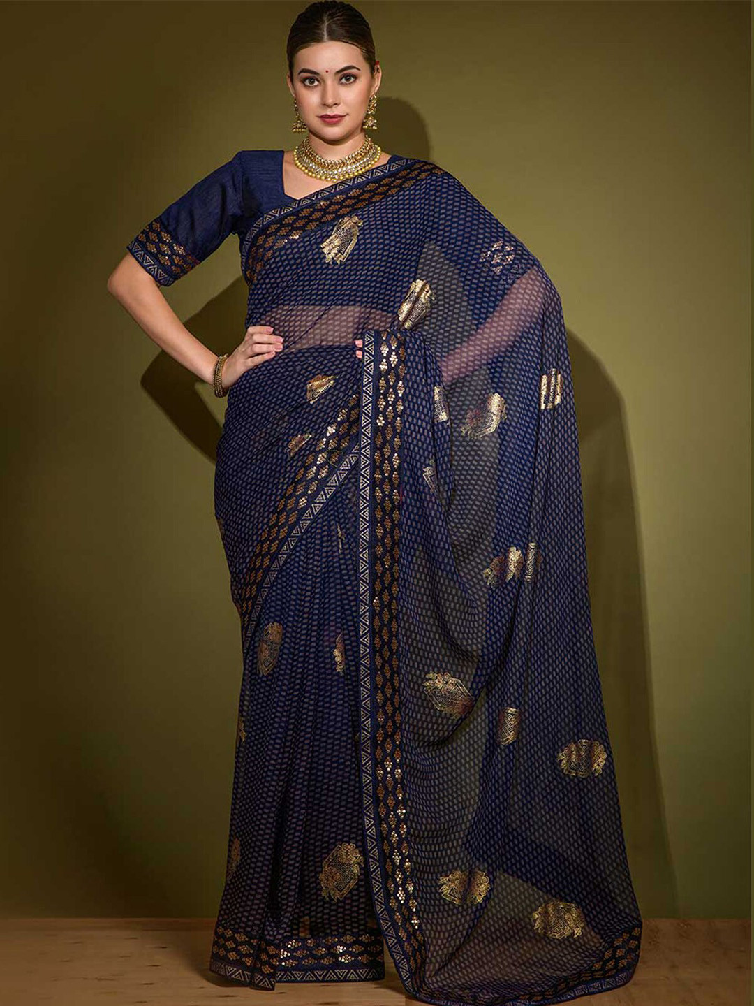 

ODETTE Floral Printed Sequinned Saree, Navy blue