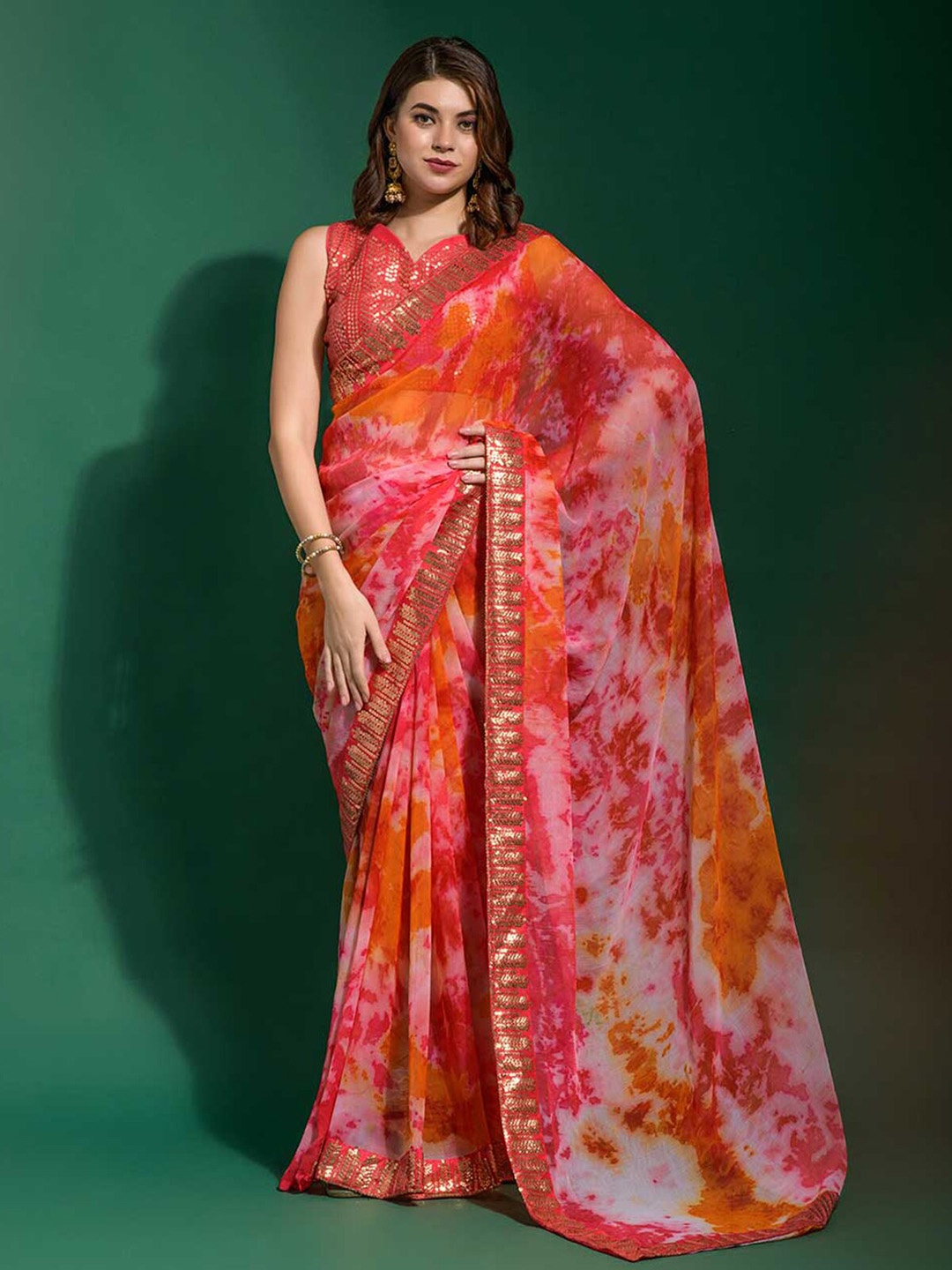 

ODETTE Tie and Dye Sequinned Saree, Pink