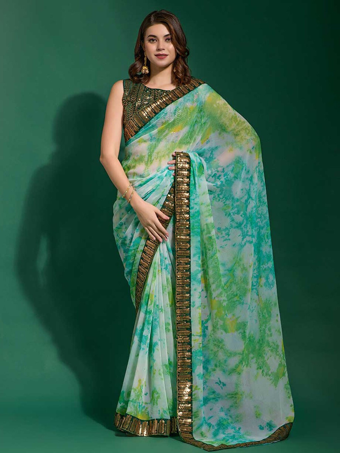 

ODETTE Tie and Dye Sequinned Saree, Sea green