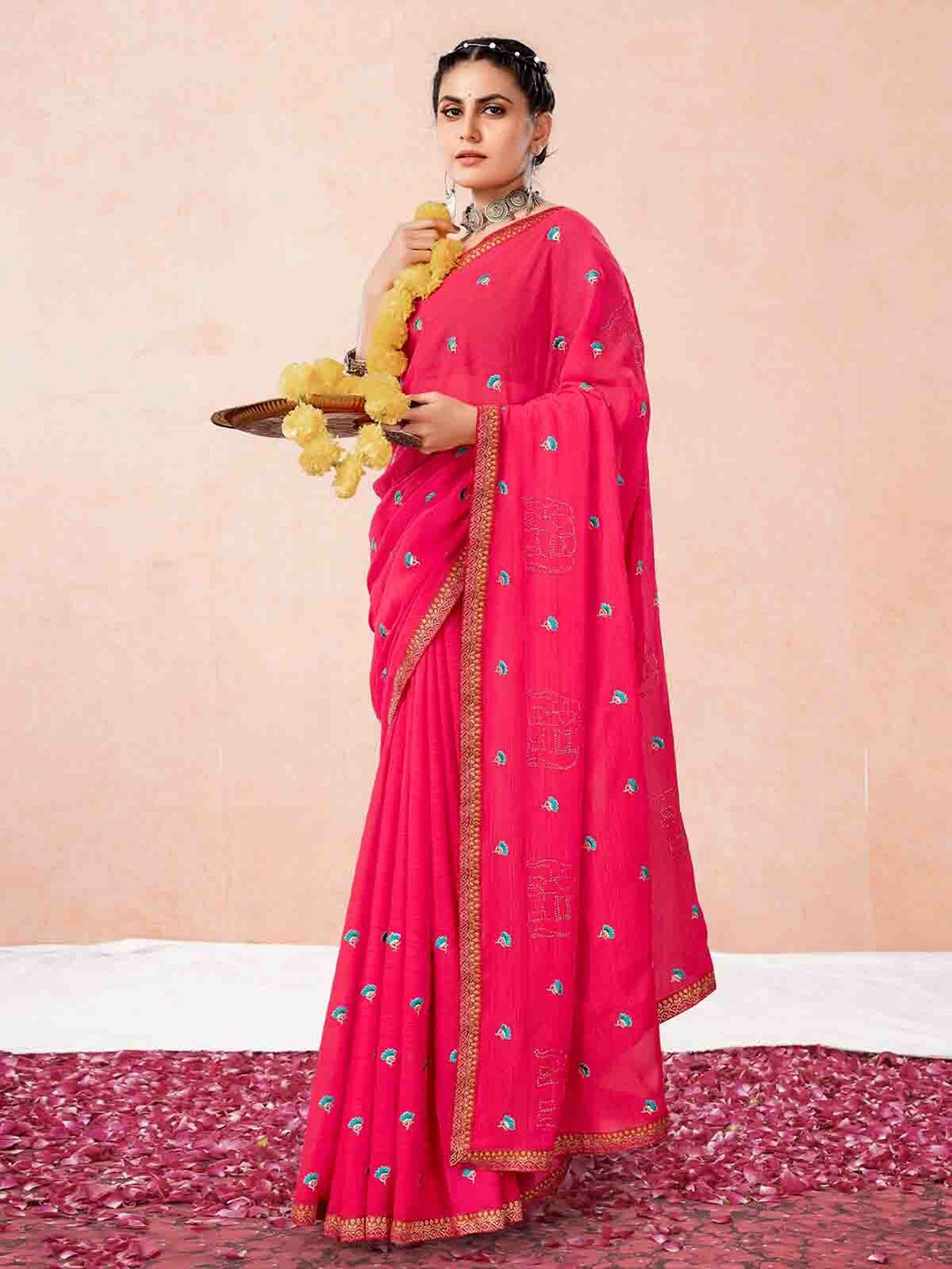 

ODETTE Floral Embroidered Embellished Saree, Pink