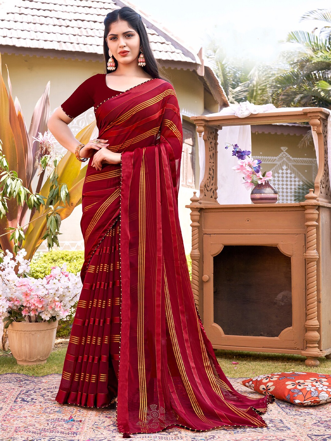 

ODETTE Maroon & Yellow Striped Poly Georgette Saree