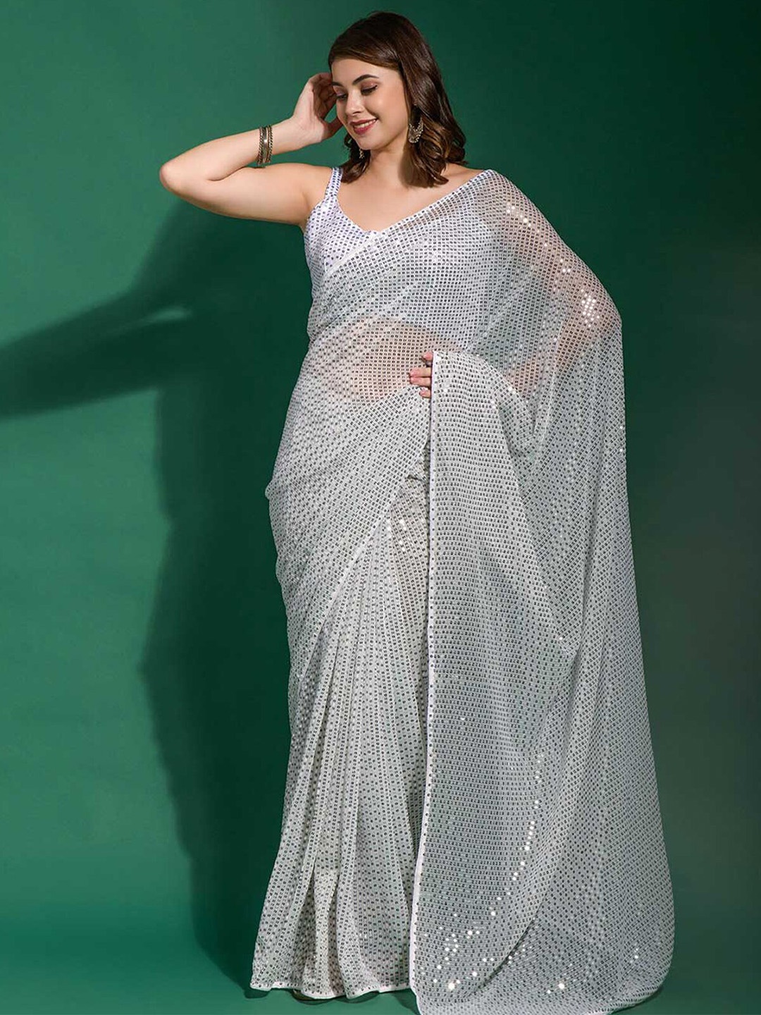 

ODETTE White & Gold-Toned Embellished Sequinned Poly Georgette Saree