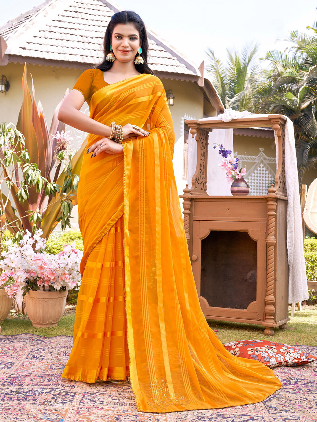 

ODETTE Striped Poly Georgette Saree, Yellow