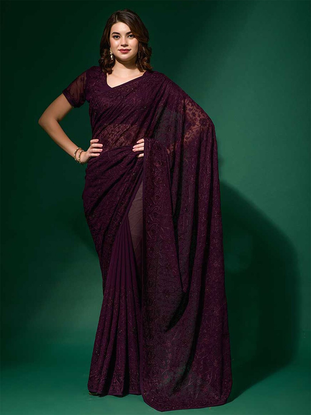 

ODETTE Maroon Floral Embroidered Poly Georgette Saree