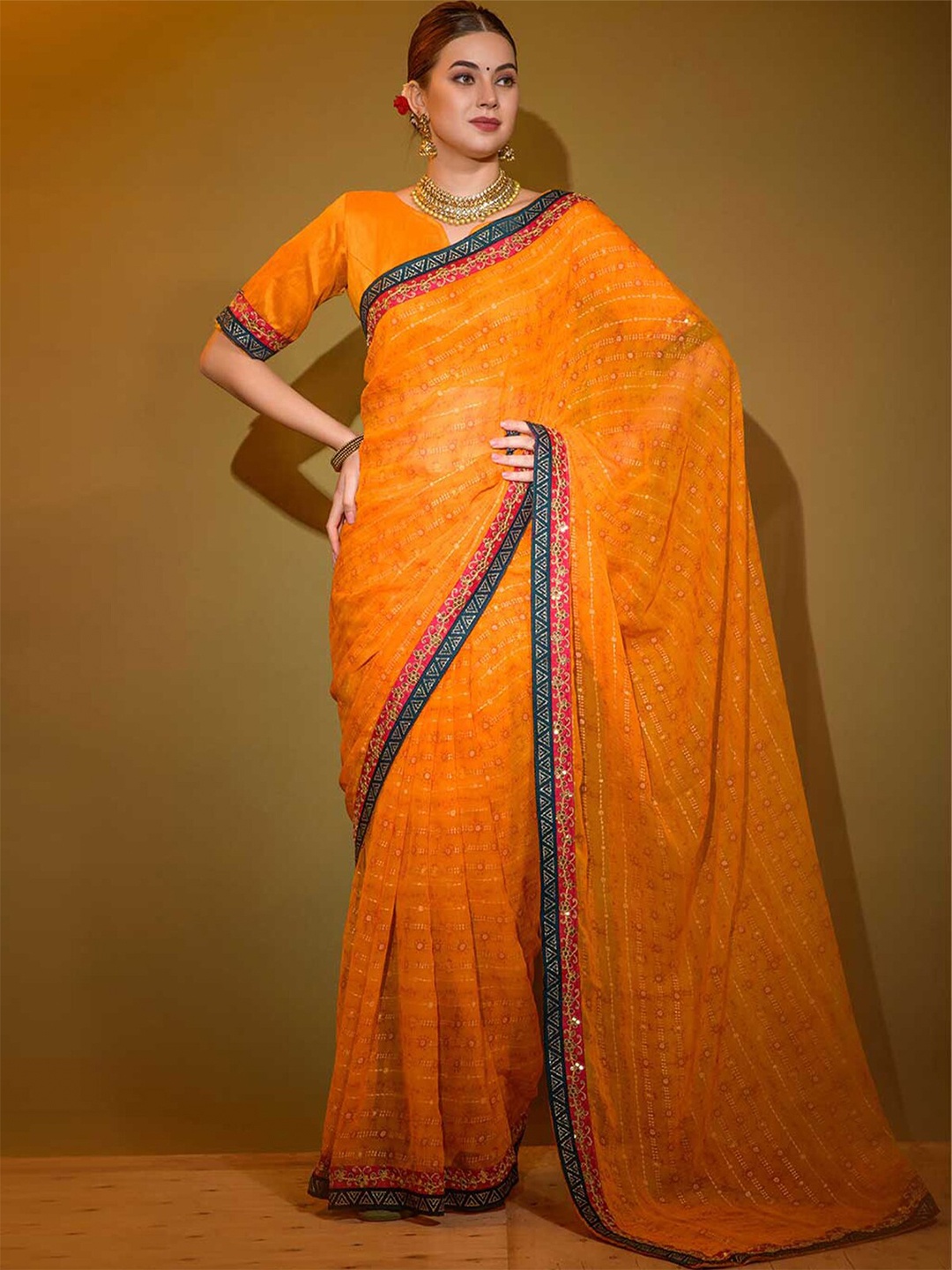 

ODETTE Stripes Printed Embellished Saree, Yellow