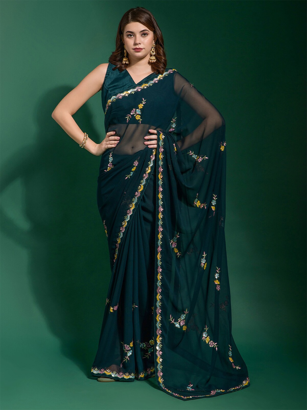 

ODETTE Floral Embroidered Sequinned Saree, Teal