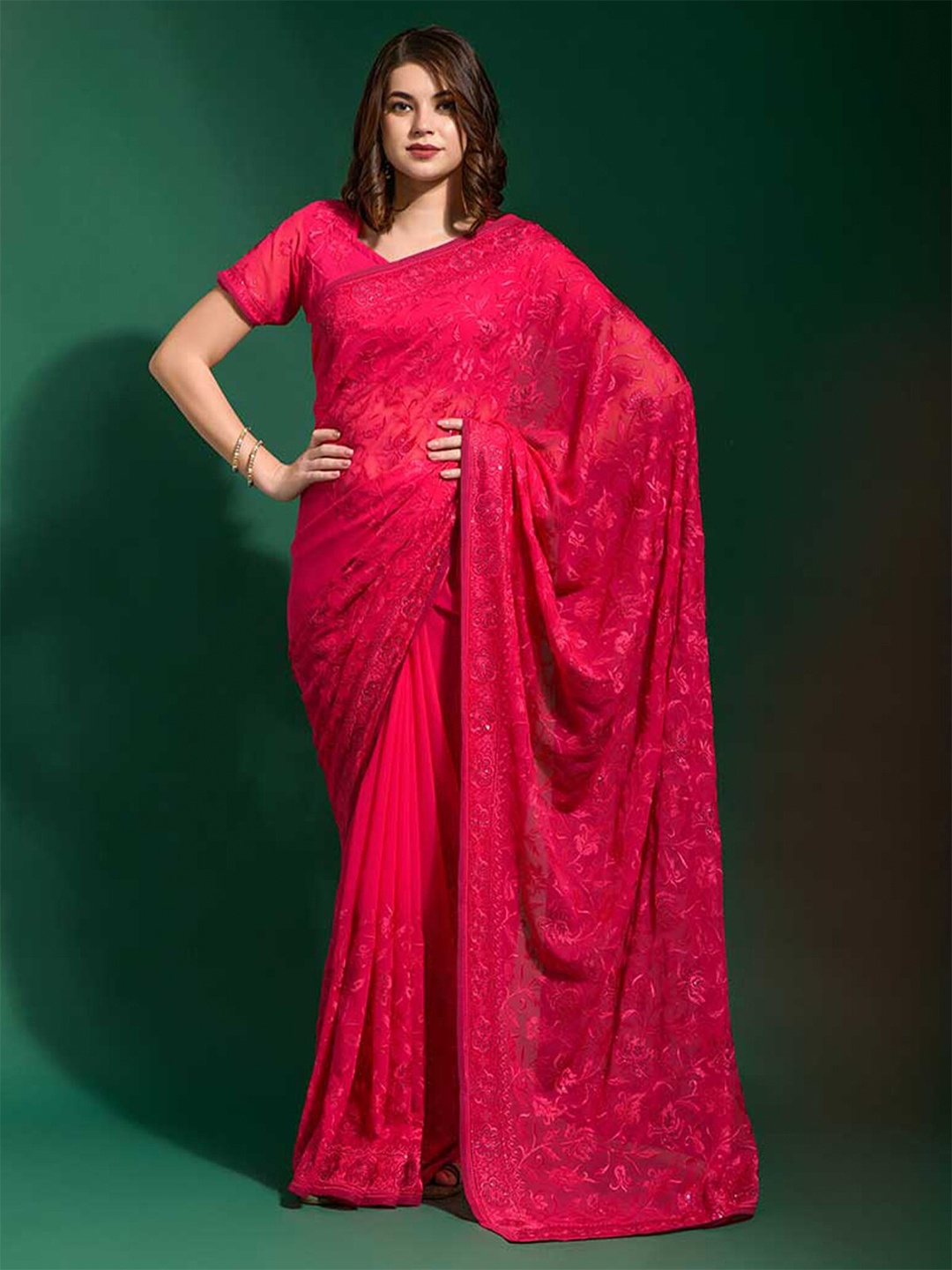 

ODETTE Pink Floral Embroidered Poly Georgette Saree