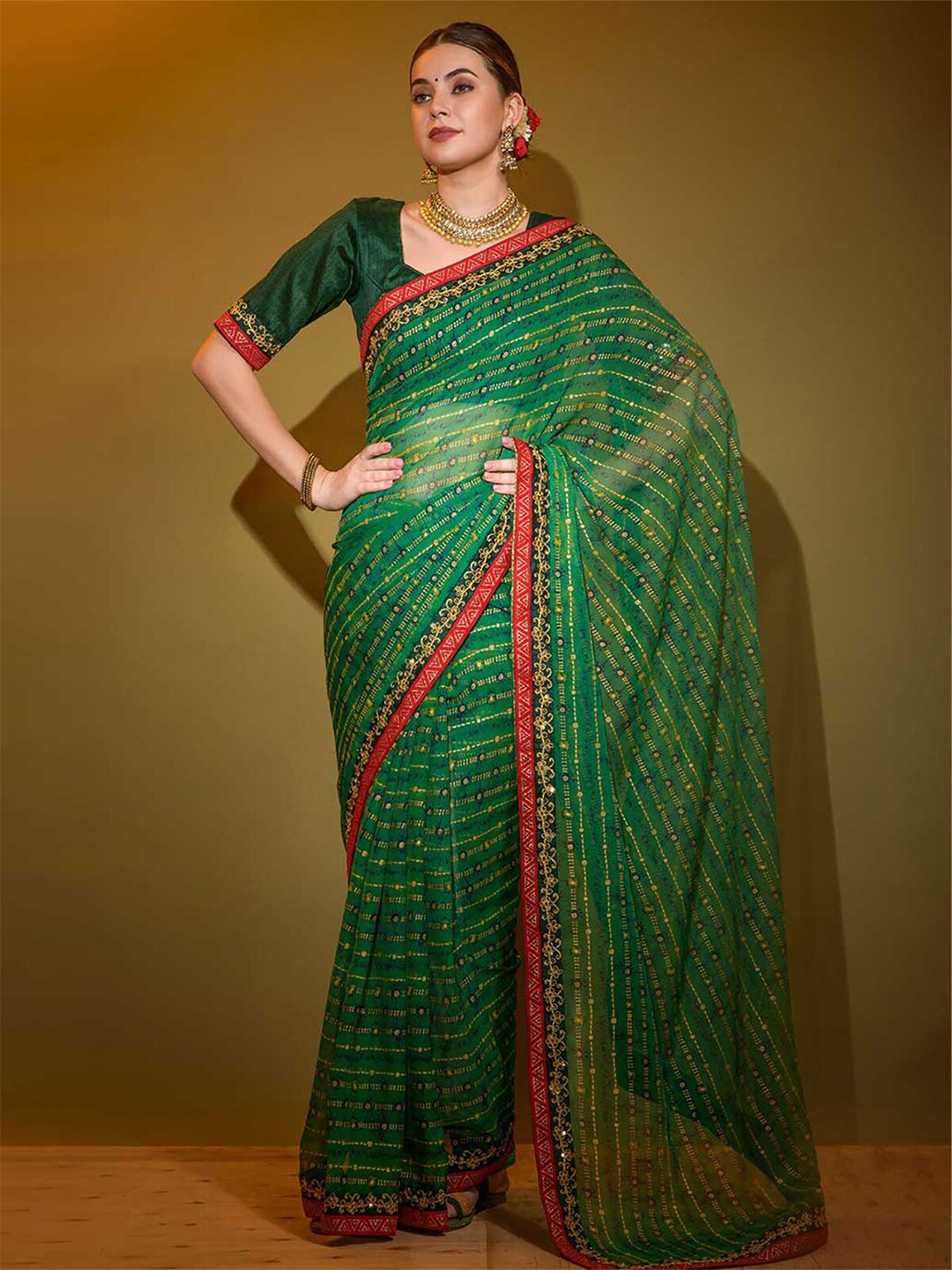 

ODETTE Stripes Printed Embellished Saree, Green