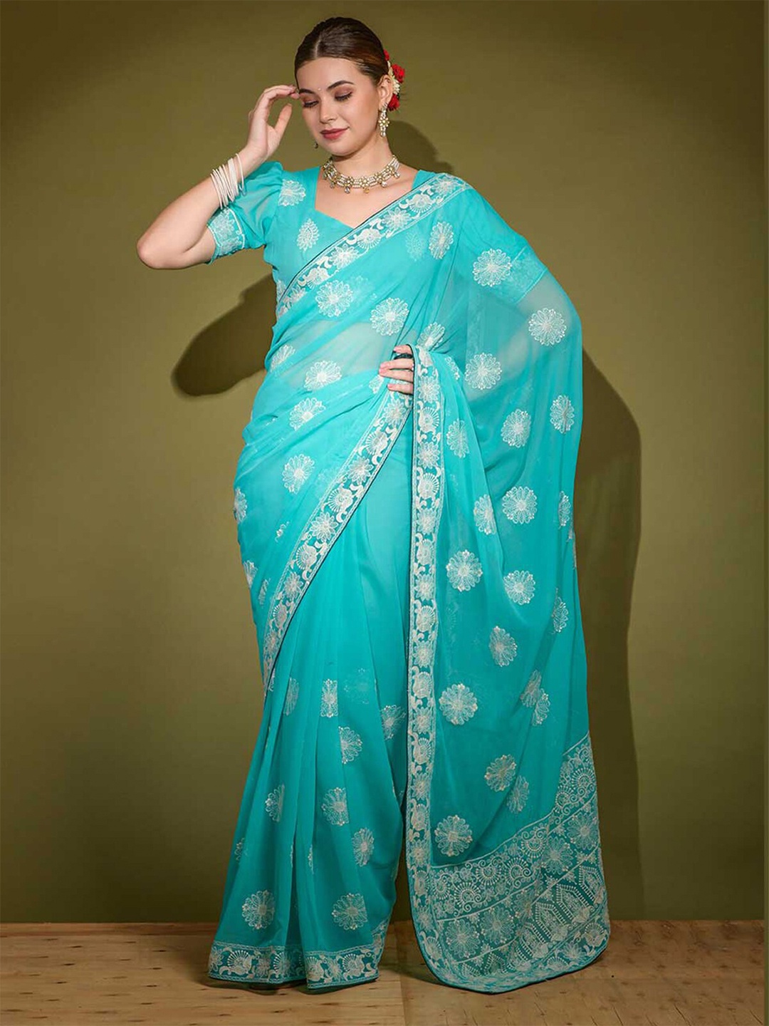 

ODETTE Sea Green & White Embellished Embroidered Poly Georgette Saree