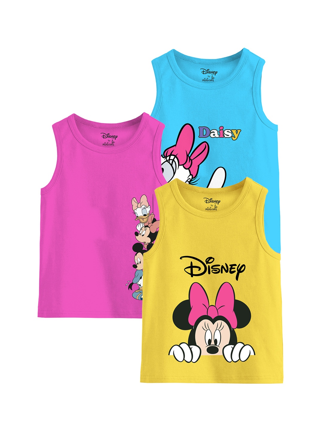 

Minicult Infant Girls Pack Of 3 Minnie Mouse Printed Cotton Tank Vest, Blue