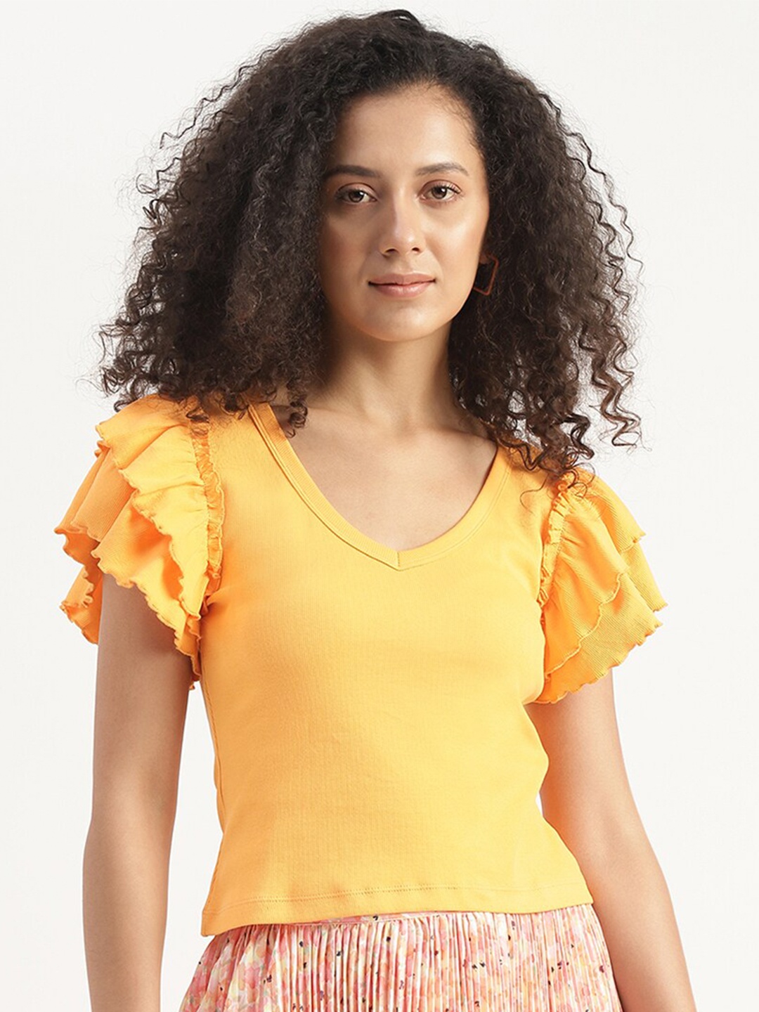 

United Colors of Benetton V-Neck Flutter Sleeves Slim Fit Top, Yellow