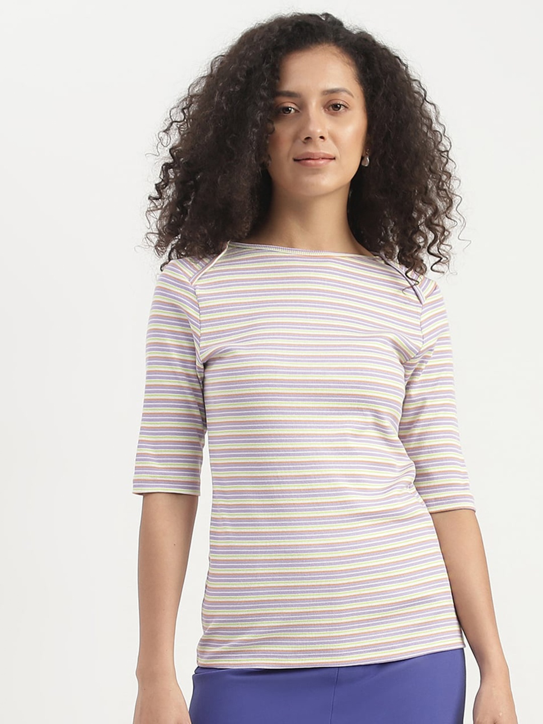 

United Colors of Benetton Boat Neck Slim Fit Striped Cotton Top, Lavender