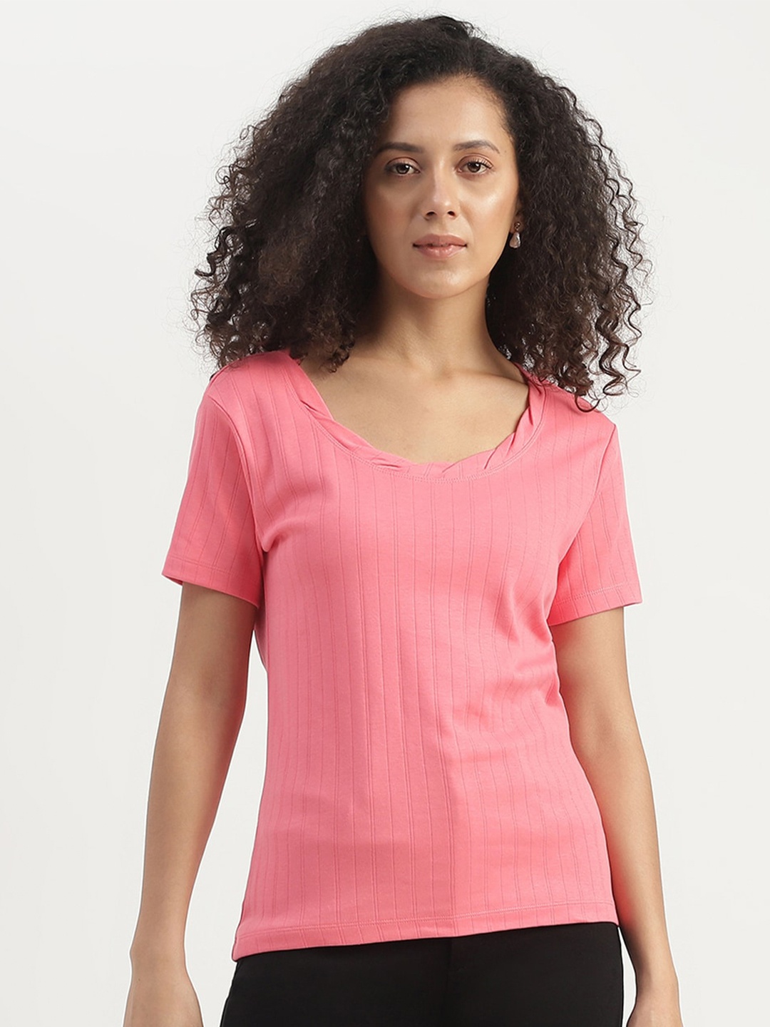 United Colors of Benetton Regular Fit Round Neck Ribbed Cotton Top, Pink