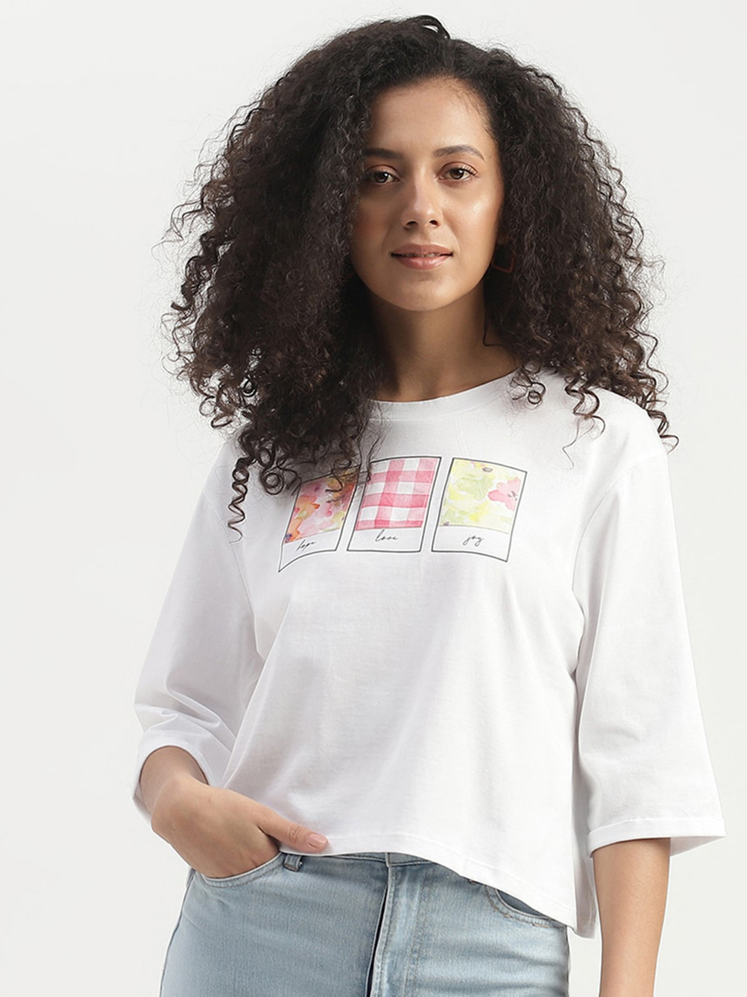 

United Colors of Benetton Boxy Fit Typography Printed Cotton Crop Top, White