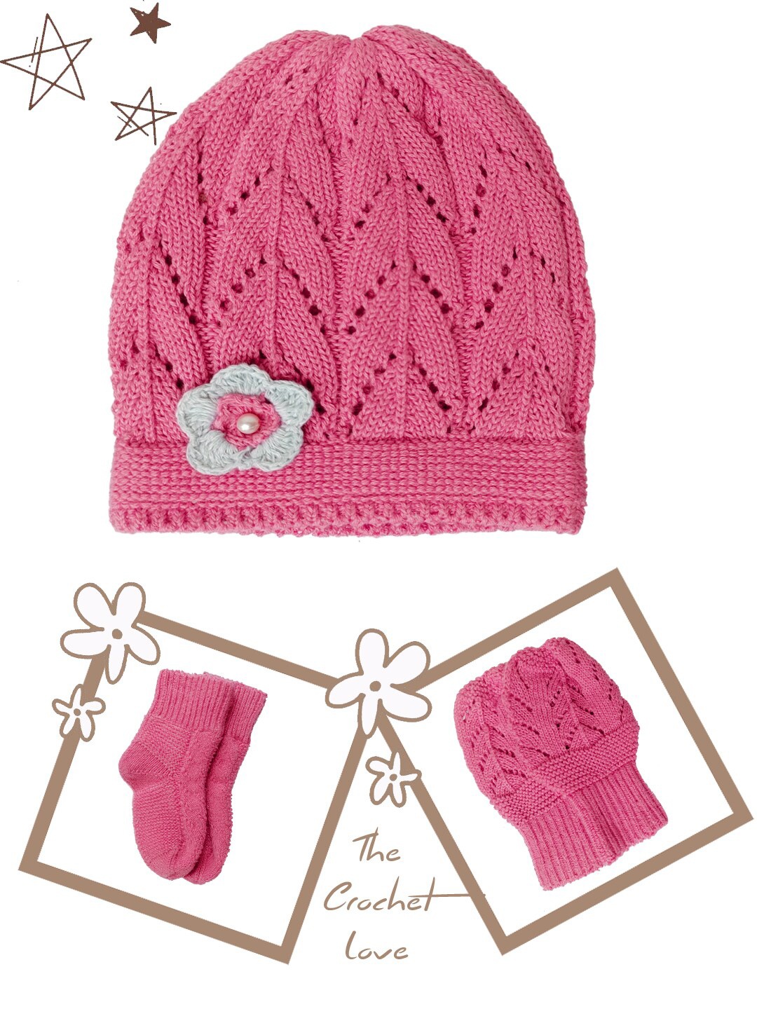 

Bharatasya Kids Self Design Pure Cotton Beanie with Socks & Mitten, Pink