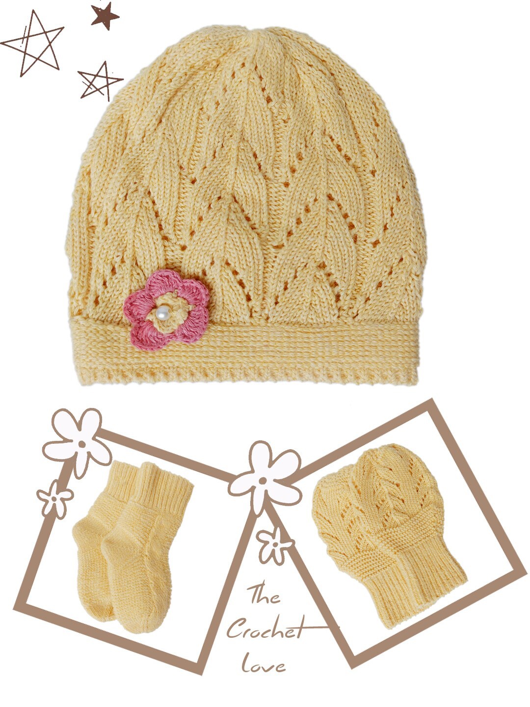 

Bharatasya Kids Self Design Pure Cotton Beanie with Socks & Mitten, Yellow