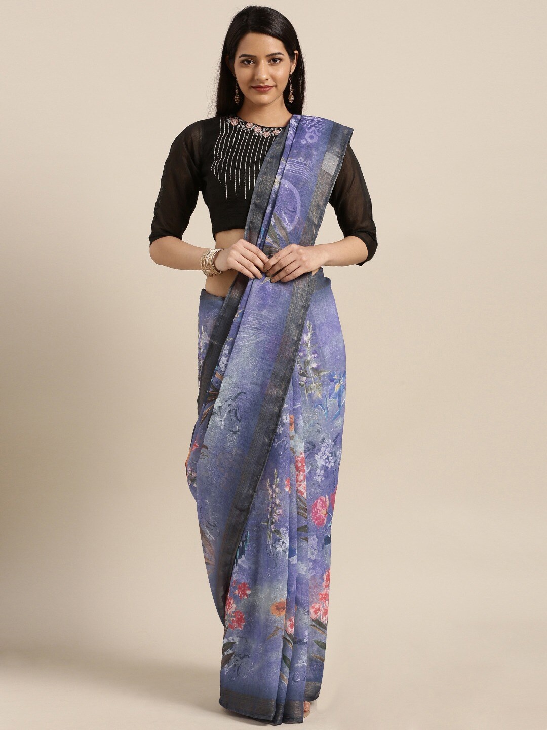 

Shaily Blue & Red Floral Printed Pure Linen Saree