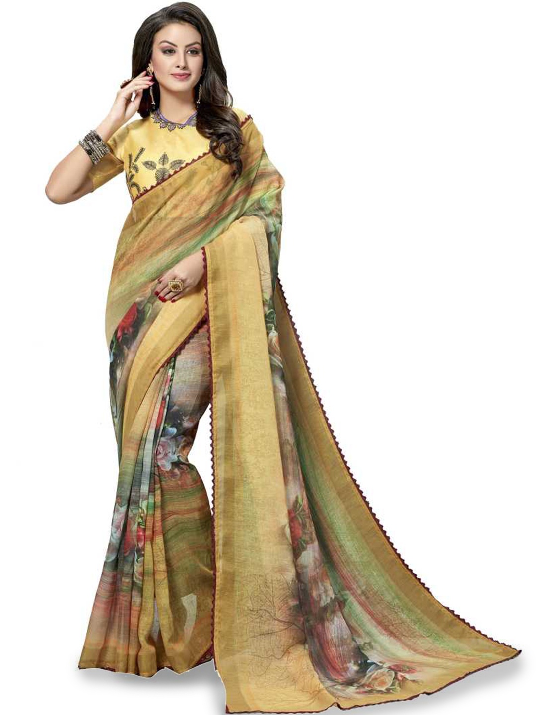 

Shaily Yellow & Green Floral Printed Pure Linen Saree
