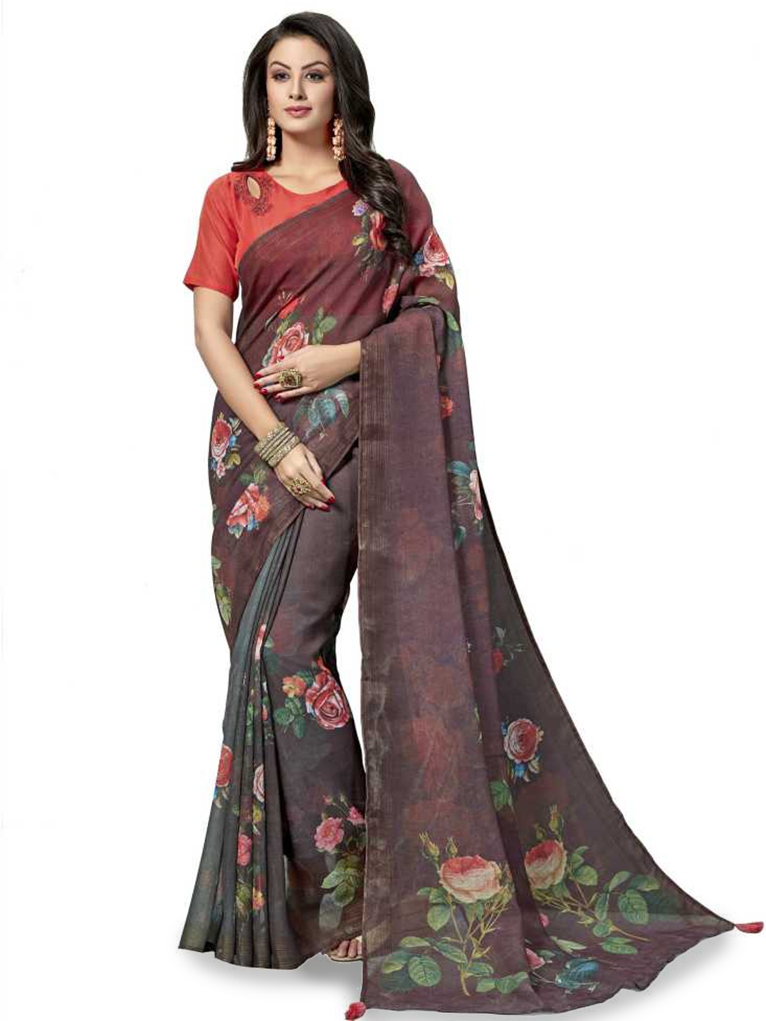 

Shaily Grey & Pink Floral Printed Pure Linen Saree