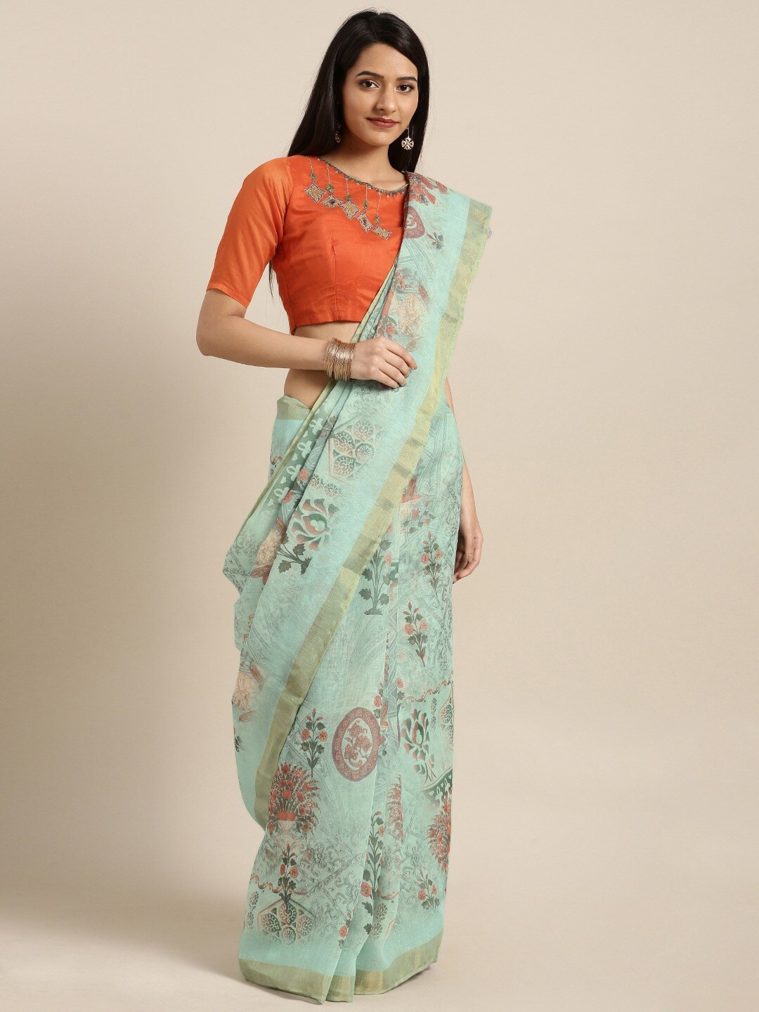 

Shaily Turquoise Blue & Red Floral Printed Zari Pure Linen Saree