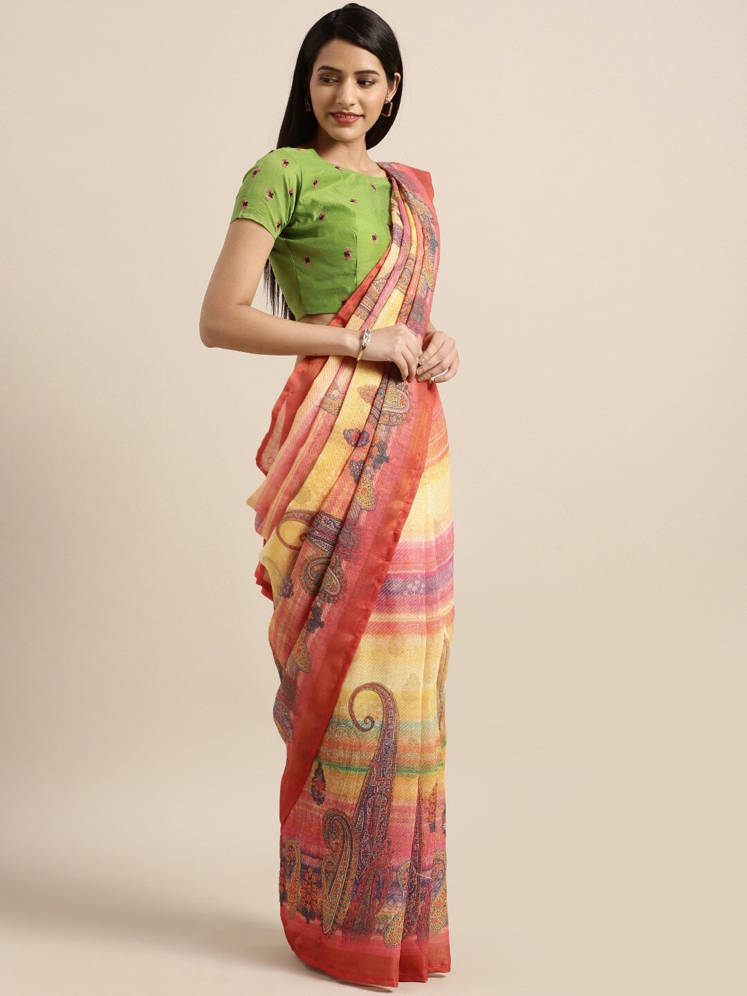 

Shaily Pink & Red Paisley Printed Zari Pure Linen Saree